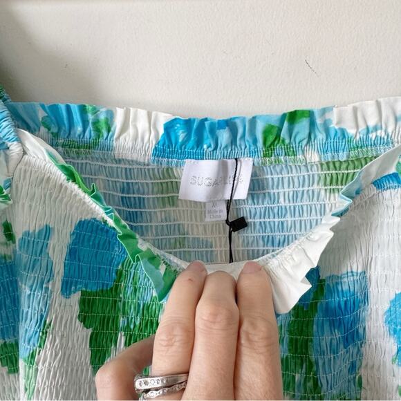 NWT Sugarlips Merrill Blue Floral Tiered Ruffle Smocked Mini Dress Pockets XL - Picture 7 of 9